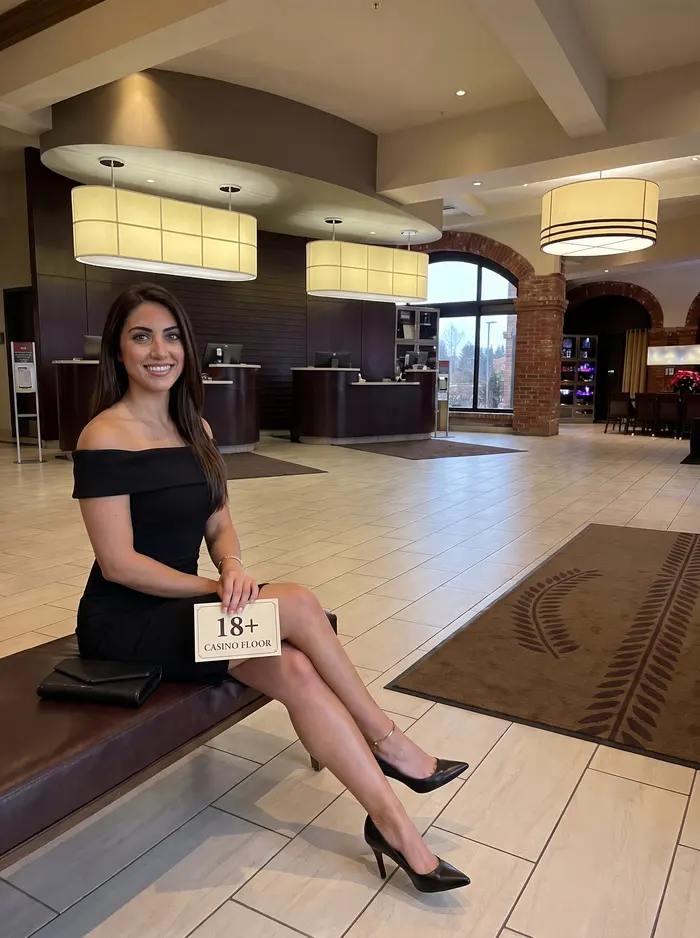 A woman with an 18+ card in the hotel lobby